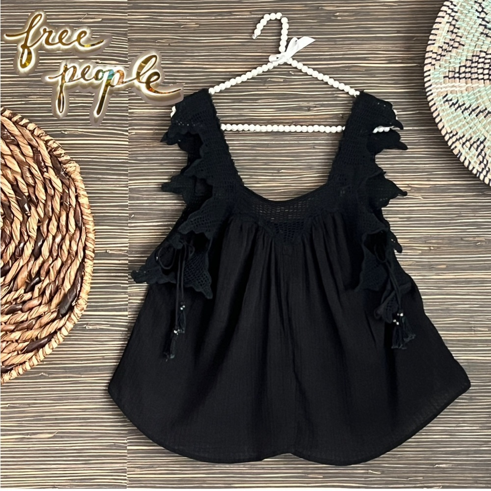 Free People Black Cotton Gauze Crochet Strap Tank Boho Sheer Babydoll Top Small